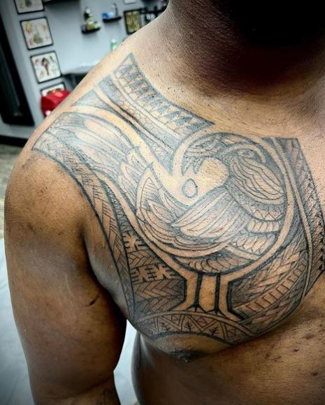 Grey Samoan Tribal Chest Tattoo