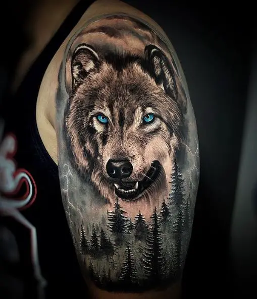 Forest and Wolf with Blue Eyes Arm Tattoo