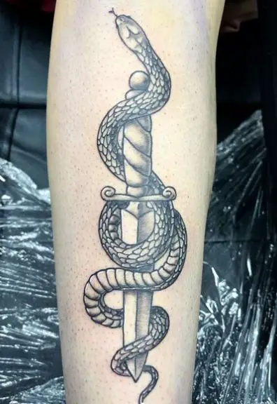 Black and Grey Snake and Dagger Forearm Tattoo