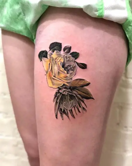 Dying Yellow Rose Thigh Tattoo