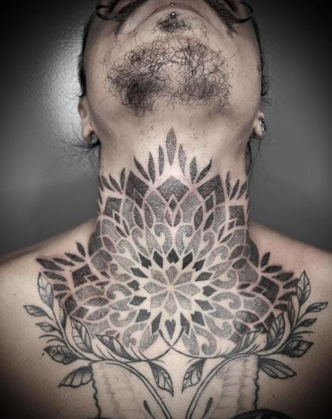 Floral Mandala Throat Tattoo
