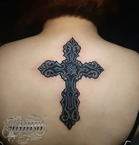 Black and Grey Big Cross Spine Tattoo