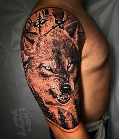 Forest and Angry Wolf Arm Tattoo