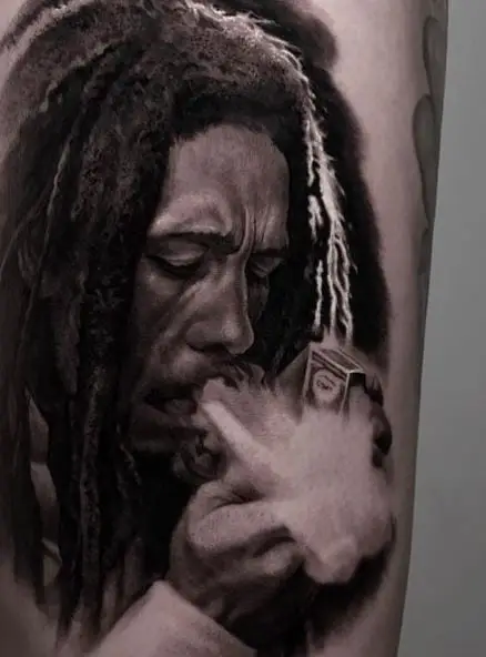 Realistic Bob Marley Smoking Joint Tattoo