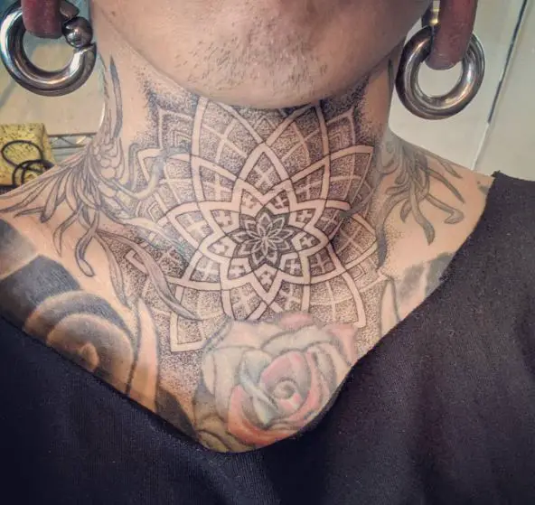 Flowers and Mandala Neck Tattoo