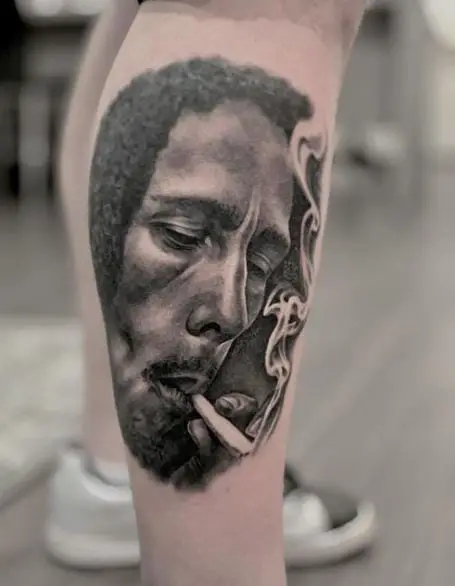 Bob Marley Smoking Joint Calf Tattoo