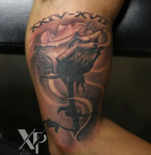Roman Numbers and Dying Rose Arm Tattoo