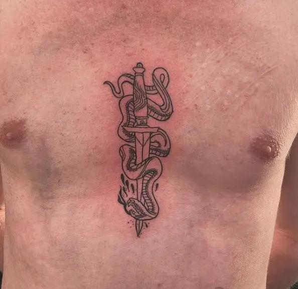 Black and Grey Stabbed Snake and Dagger Chest Tattoo