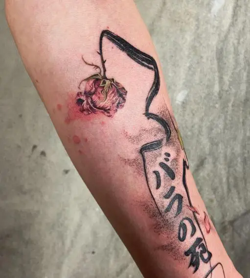 Japan Letters and Dead Rose Forearm Tattoo