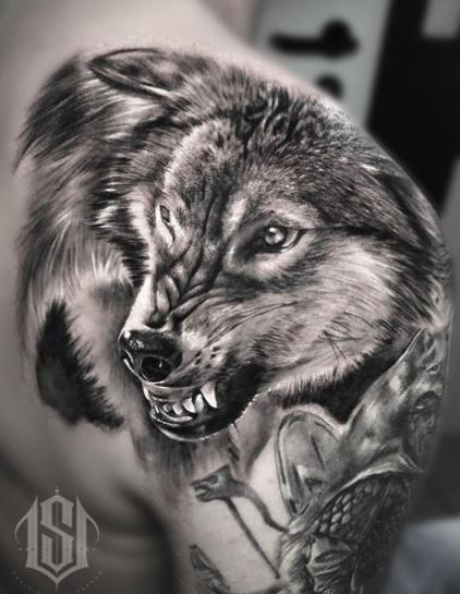 Realistic Snarling Wolf Shoulder Tattoo