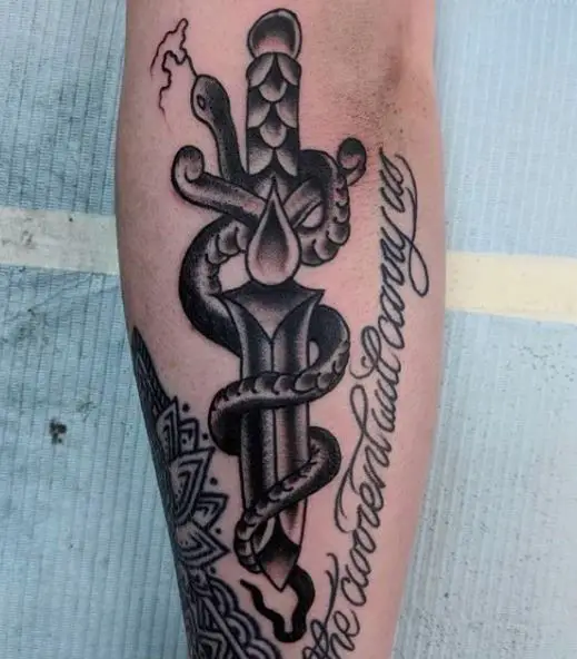 Black and Grey Snake and Dagger with Saying Arm Tattoo