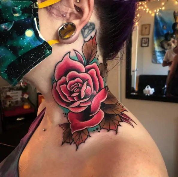 Pink Rose with Brown Leaves Neck Tattoo