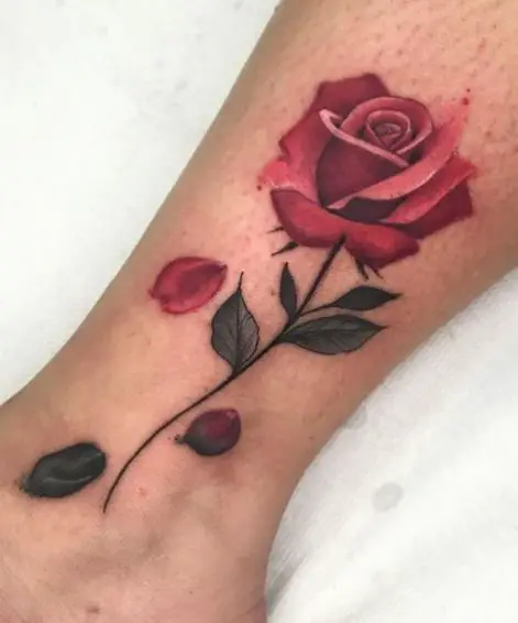 Dying Red Rose with Fallen Petals Ankle Tattoo