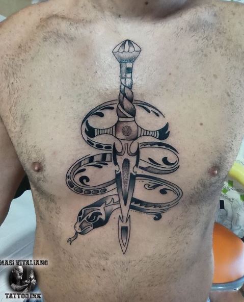 Black and Grey Snake and Dagger Chest Tattoo
