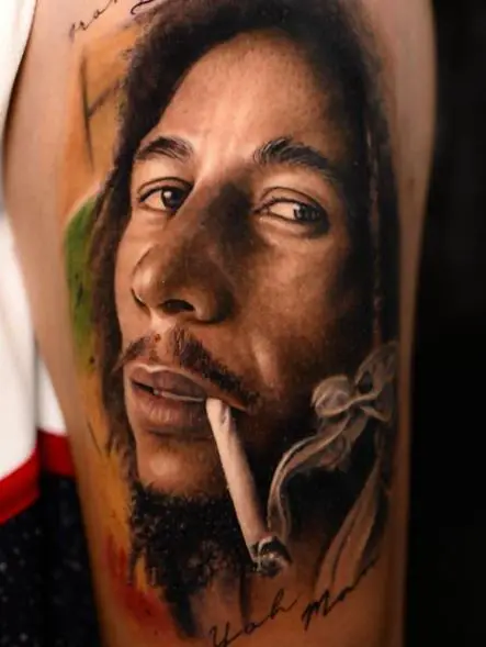 Realistic Bob Marley Smoking Weed Tattoo