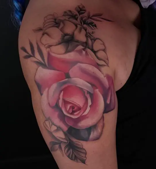 Flowers and Pink Rose Shoulder Tattoo