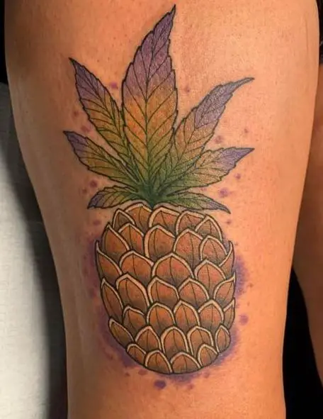 Pineapple and Weed Leaves Thigh Tattoo