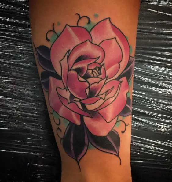 Pink Rose with Dark Leaves Tattoo