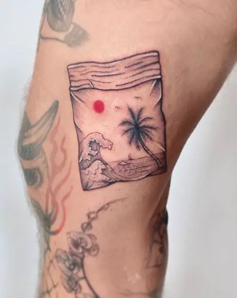 Beach Landscape and Weed Knee Tattoo