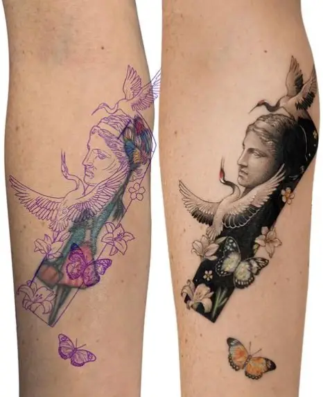 Colored Girl with Birds and Butterflies Arm Tattoo