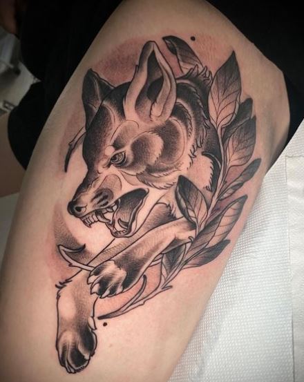 Leaves and Angry Wolf Arm Tattoo