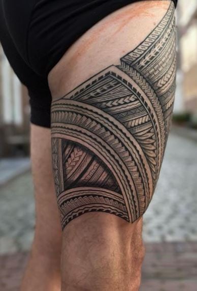 Samoan Tribal Thigh Sleeve Tattoo