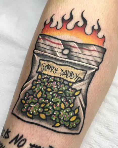 Colored Bag of Weed on Fire Tattoo