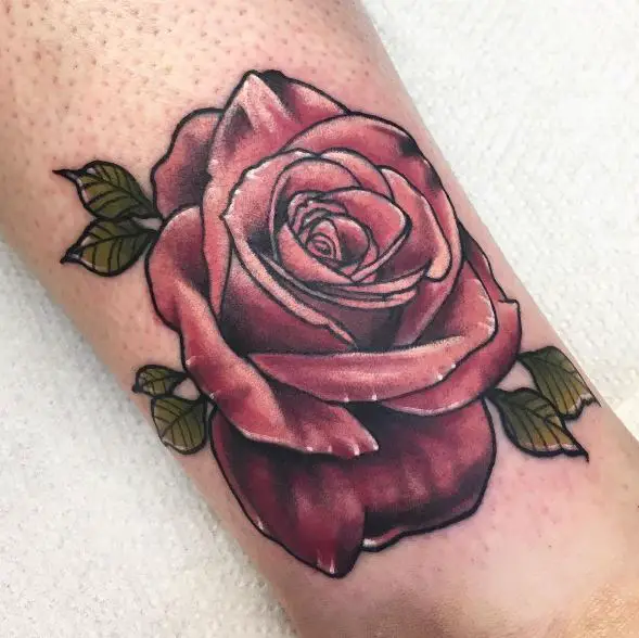 Pink Rose with Green Leaves Tattoo