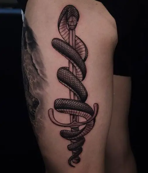 Black and Grey Snake and Sword Thigh Tattoo