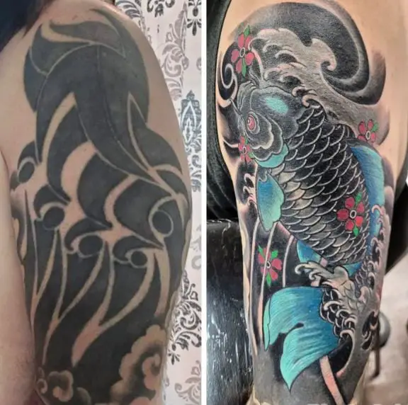 Colored Flowers and Koi Fish Arm Tattoo