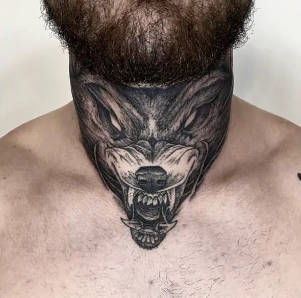 Black Snarling Wolf Throat Tattoo