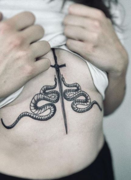 Black and Grey Sword and Two Snakes Chest Tattoo