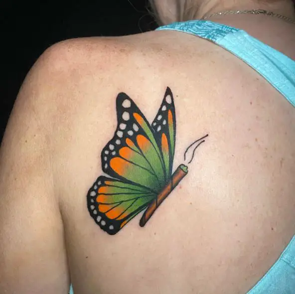 Colorful Butterfly and Joint Back Tattoo