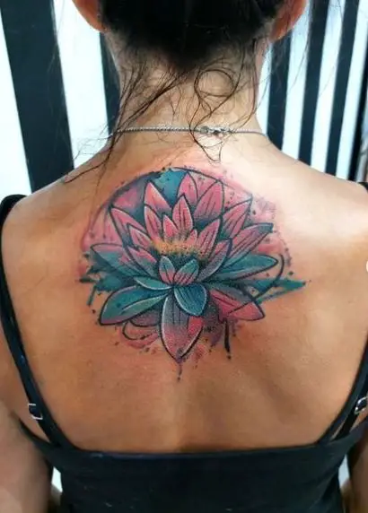 Colorful Lotus Flower Back Tattoo