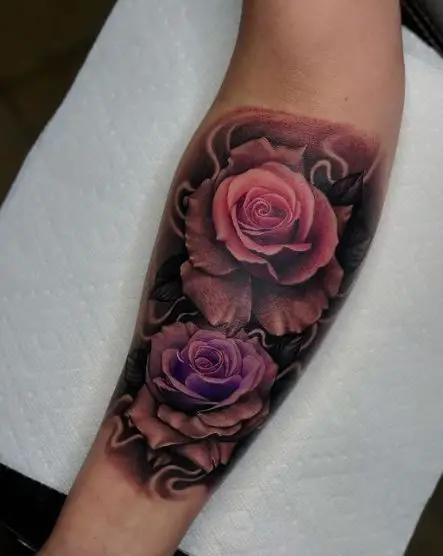 Pink and Violet Roses Forearm Tattoo