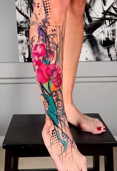 Geometric Pattern and Flowers Leg Tattoo
