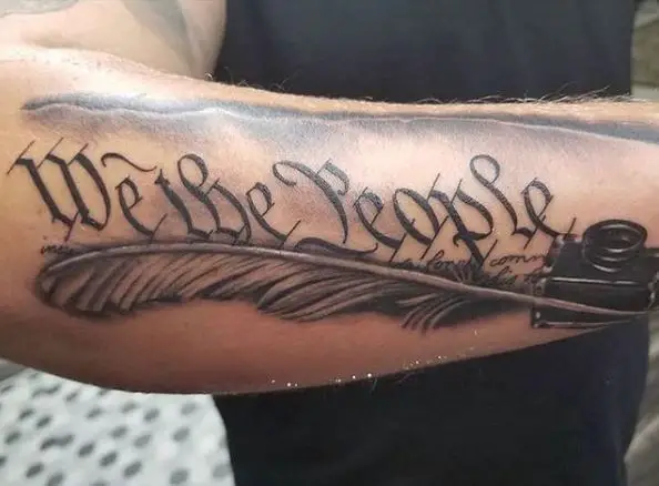 Ink and Feather with We The People Forearm Tattoo