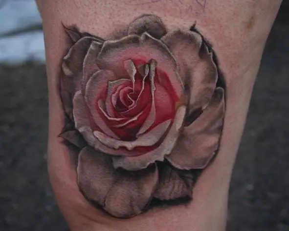 Pink Rose with Brown Leaves Leg Tattoo