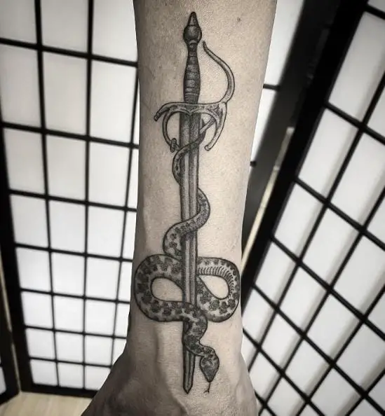 Grey Snake and Sword Leg Tattoo