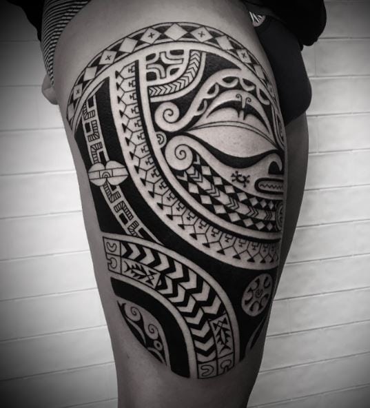 Black Samoan Tribal Thigh Tattoo