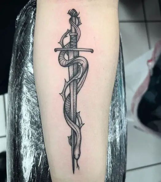 Grey Shaded Snake and Sword with Thorns Tattoo