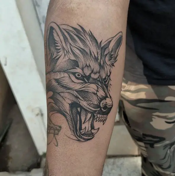 Black and Grey Angry Wolf Forearm Tattoo