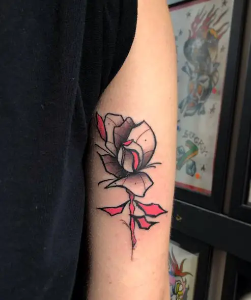 Rose with Red Leaves Arm Tattoo