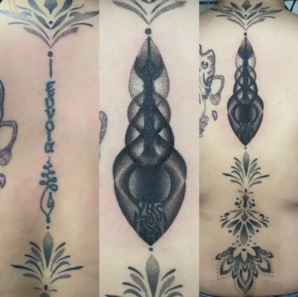 Black and Grey Ornaments Spine Tattoo
