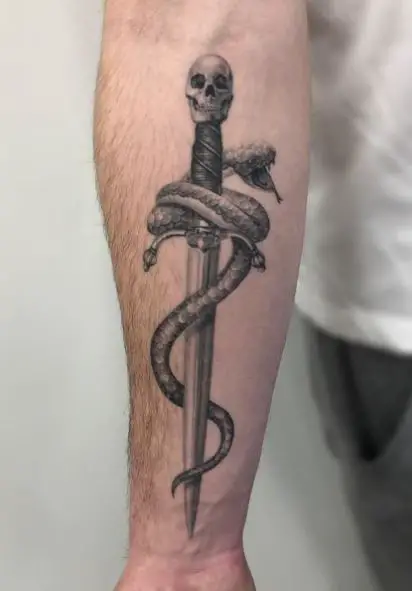 Grey Snake and Sword with Skull Forearm Tattoo
