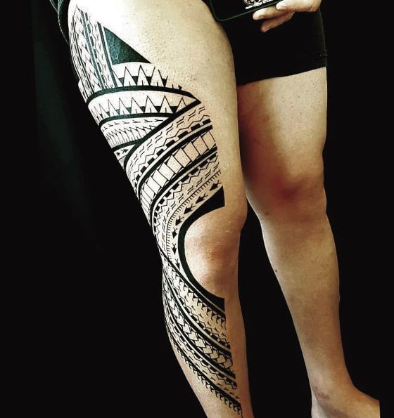 Black Samoan Tribal Thigh Half Sleeve Tattoo