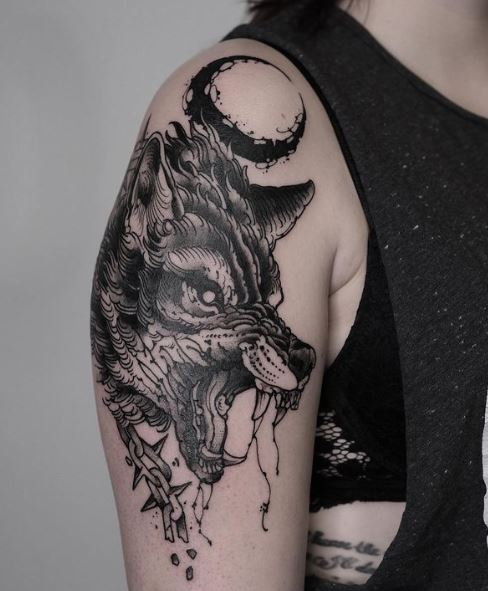 Moon and Angry Wolf with Chain Arm Tattoo