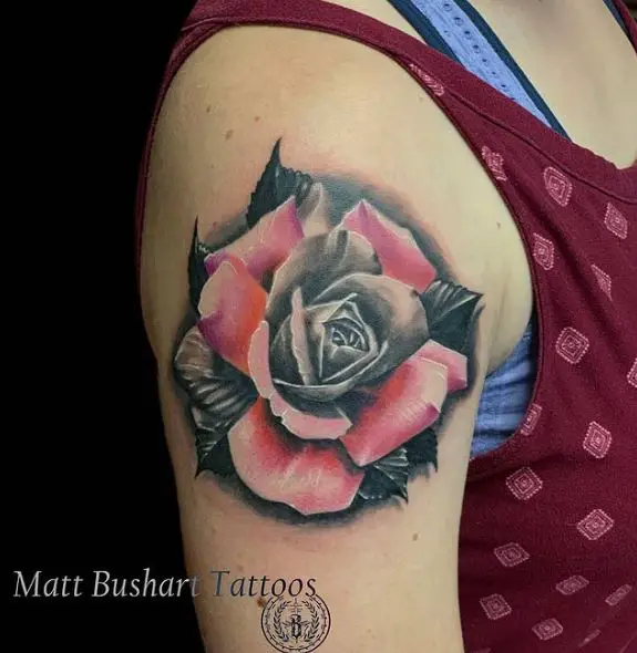 Black and Pink Rose Arm Tattoo