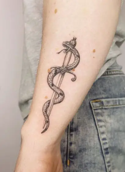 Minimalistic Snake and Sword Forearm Tattoo