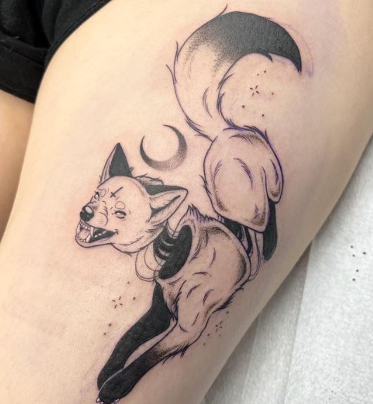 Half Moon and Wolf with Cross Arm Tattoo
